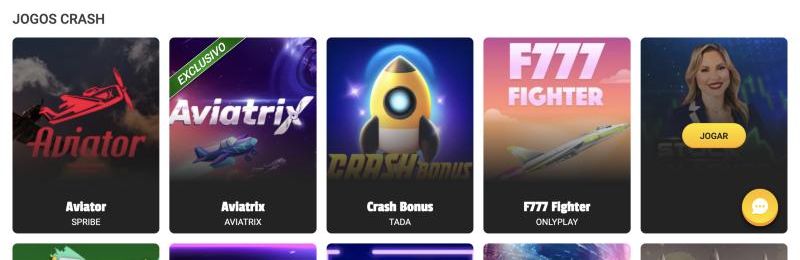 Categoria Jogos crash da Brazino777 com Aviator da Spribe em primeiro, seguido de Aviatrix, Crash Bonus, F777 Fighter e Stock Market